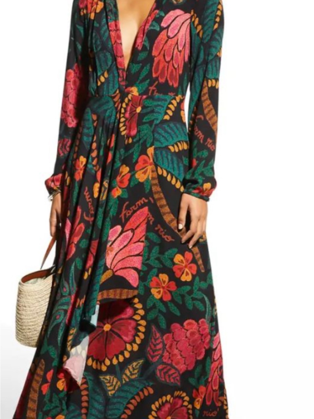 FARM Rio Black Floral V‑Neck Long Sleeve Maxi Dress with Green, Pink and Orange - Picture 1 of 7